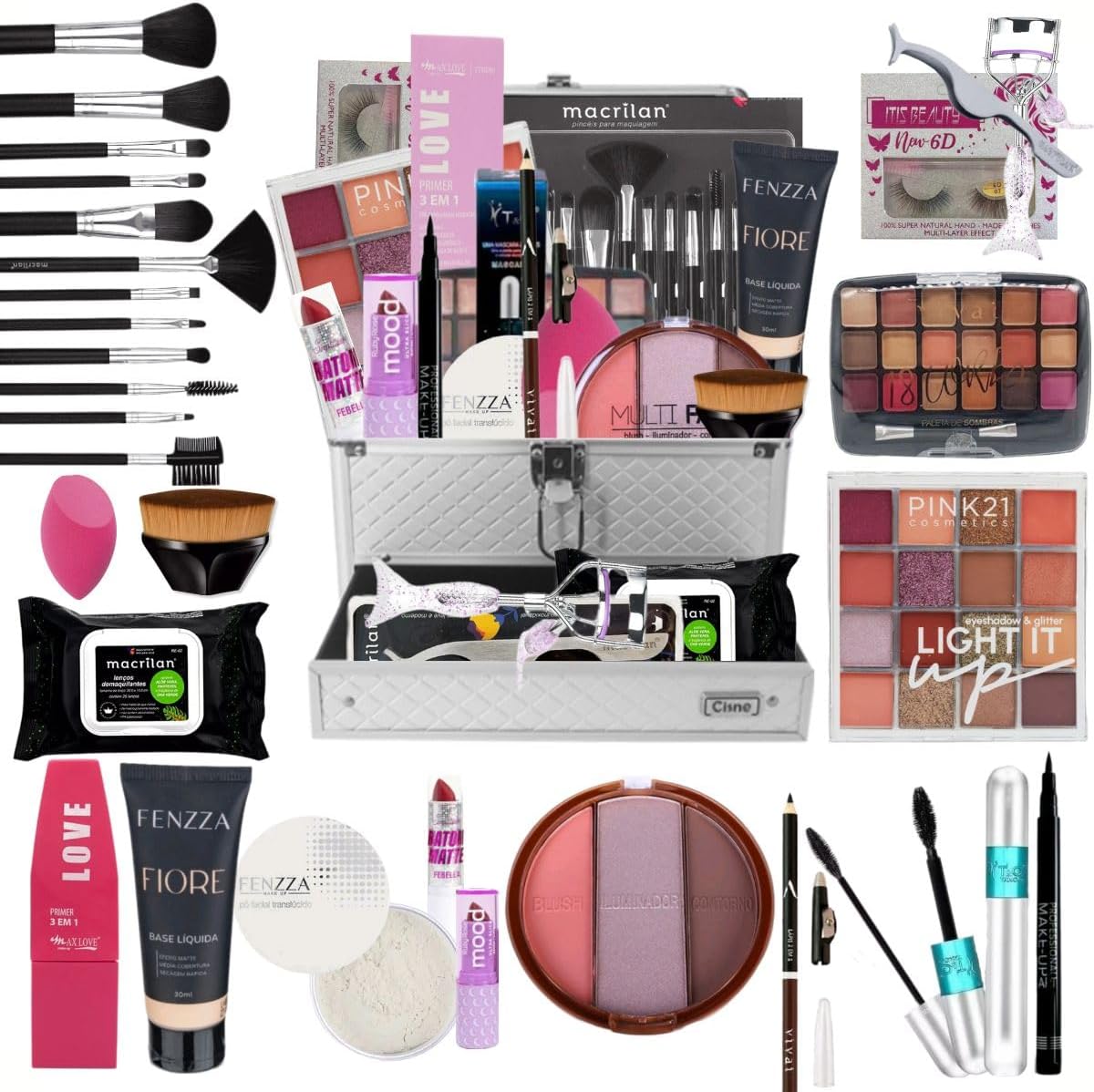 Kit Maleta de Maquiagem Completa Qualidade Premium, 12 Pinceis Profissional Macria + kit de Maquiagem + Kit de Acessorios - COR DA BASE MÉDIA
